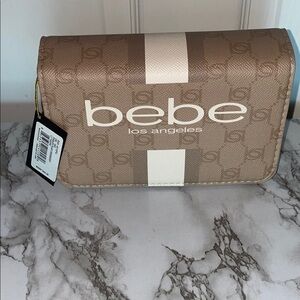 Bebe Beige and White Logo Small Crossbody Bag Chain Link Strap
